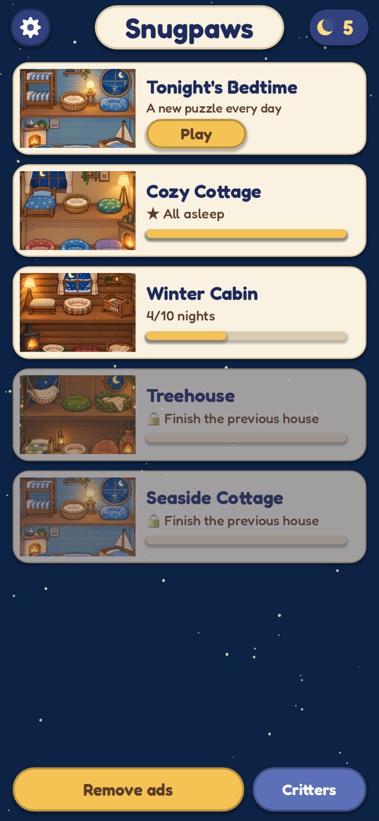 Snugpaws home: tonight's puzzle and four houses