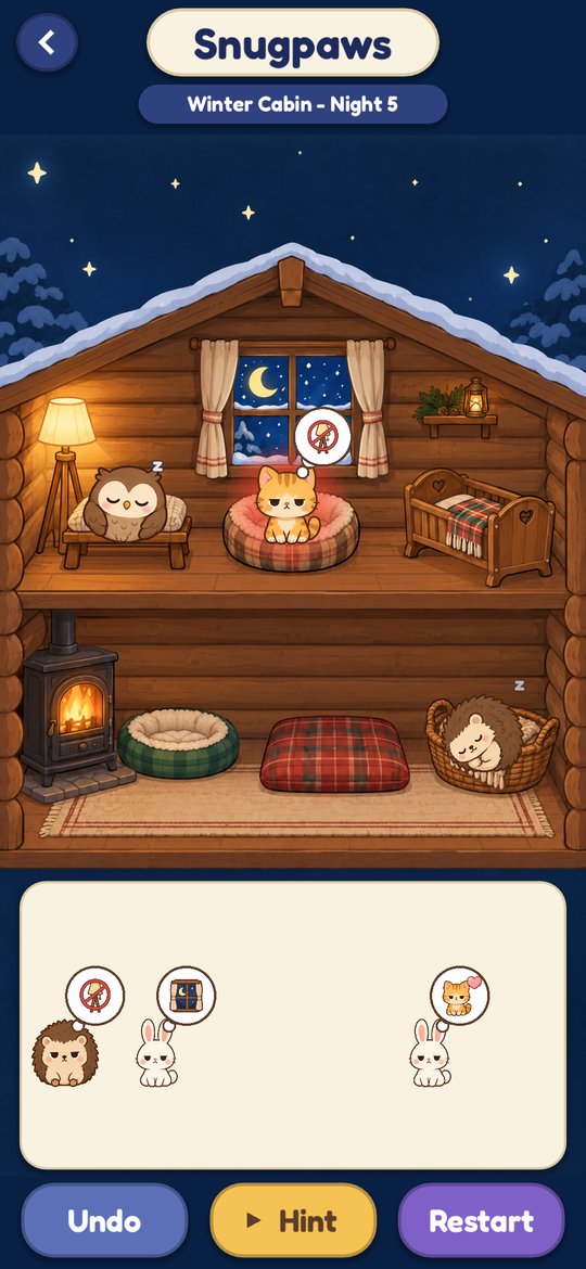 Snugpaws: critters with wish bubbles in a cozy cabin